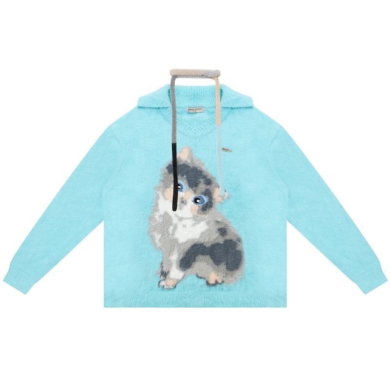 Light Blue Lazy Style Cat Print Polo Sweater - LolitaEra