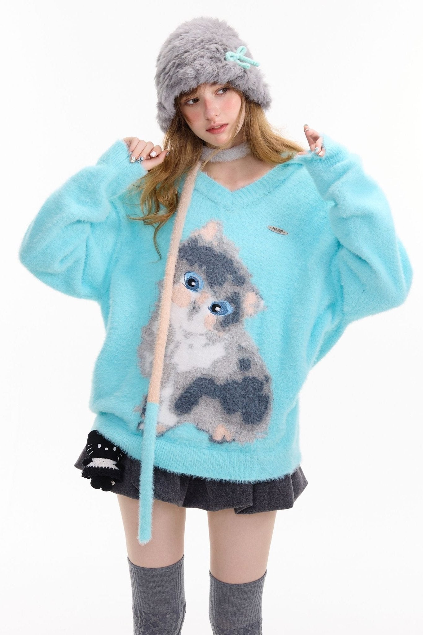 Light Blue Lazy Style Cat Print Polo Sweater - LolitaEra