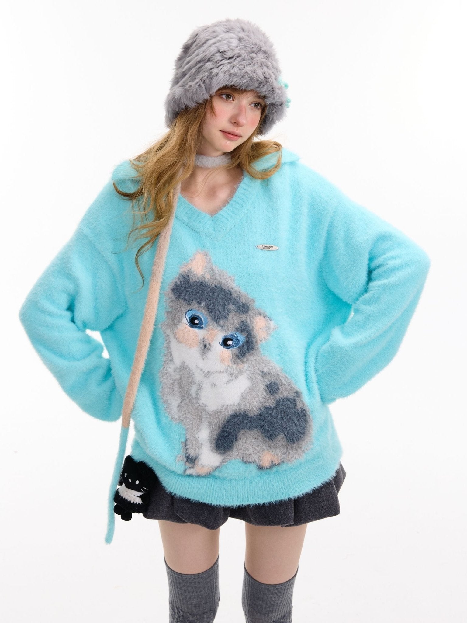 Light Blue Lazy Style Cat Print Polo Sweater LE1149 - LolitaEraBlueSLight Blue Lazy Style Cat Print Polo Sweater LE1149