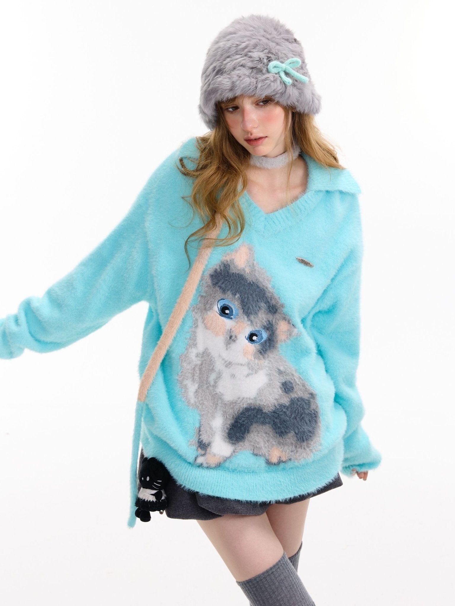 Light Blue Lazy Style Cat Print Polo Sweater LE1149 - LolitaEraBlueSLight Blue Lazy Style Cat Print Polo Sweater LE1149