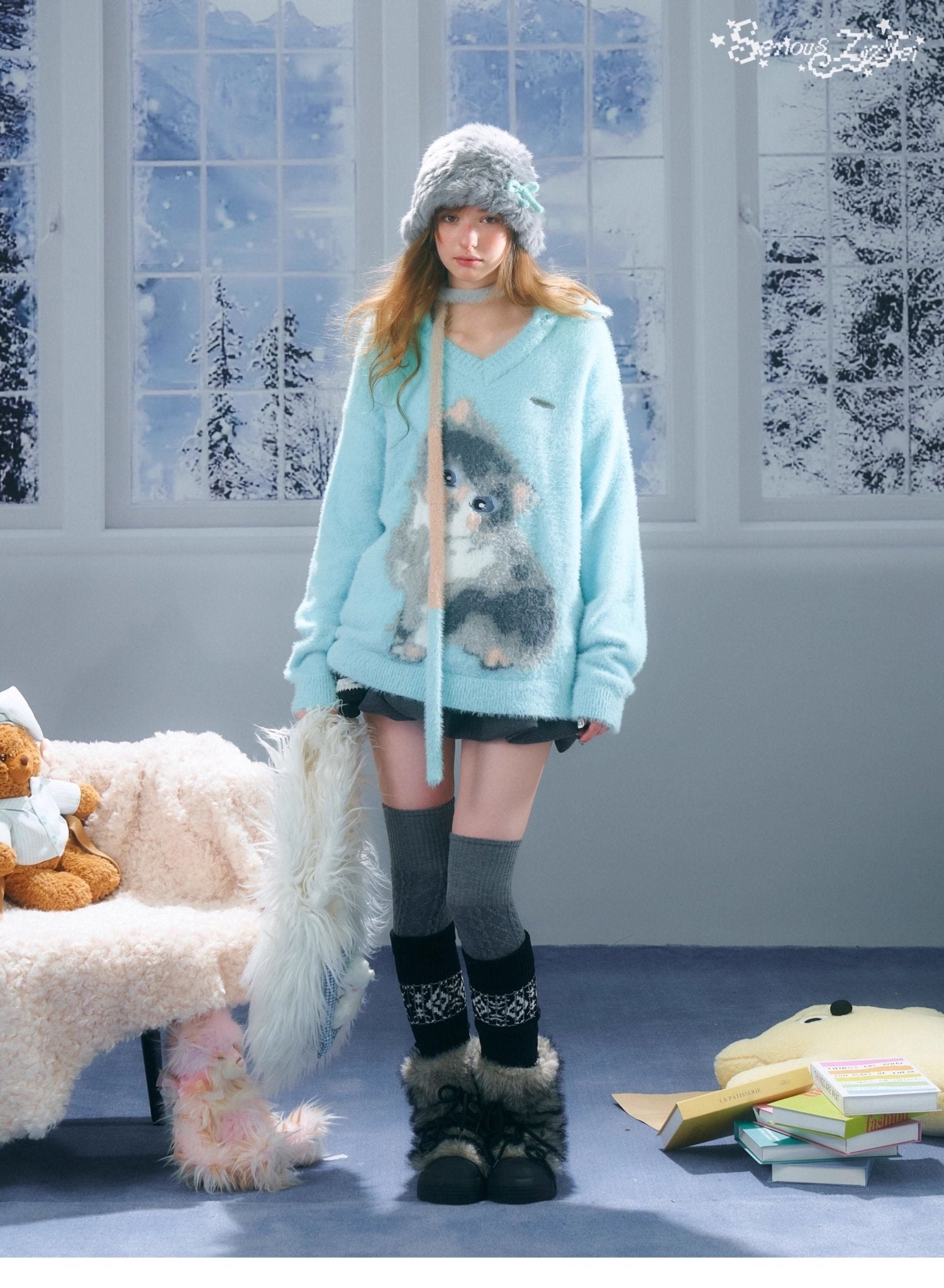 Light Blue Lazy Style Cat Print Polo Sweater LE1149 - LolitaEraBlueSLight Blue Lazy Style Cat Print Polo Sweater LE1149