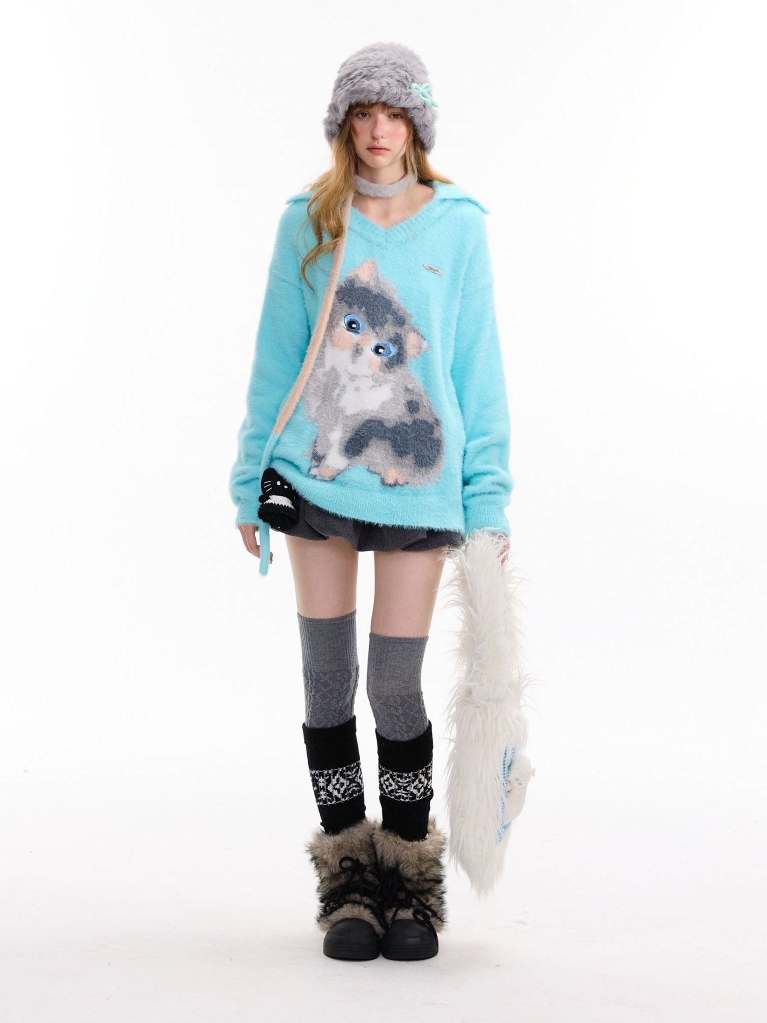 Light Blue Lazy Style Cat Print Polo Sweater LE1149 - LolitaEraBlueSLight Blue Lazy Style Cat Print Polo Sweater LE1149