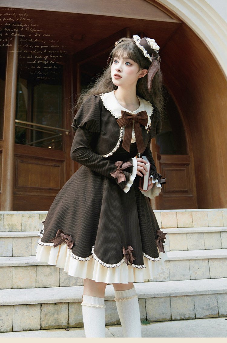 Little Hazelnut Elegant Long Sleeve OP - LolitaEraSet = OP +Hat + BroochBrownSLittle Hazelnut Elegant Long Sleeve OP