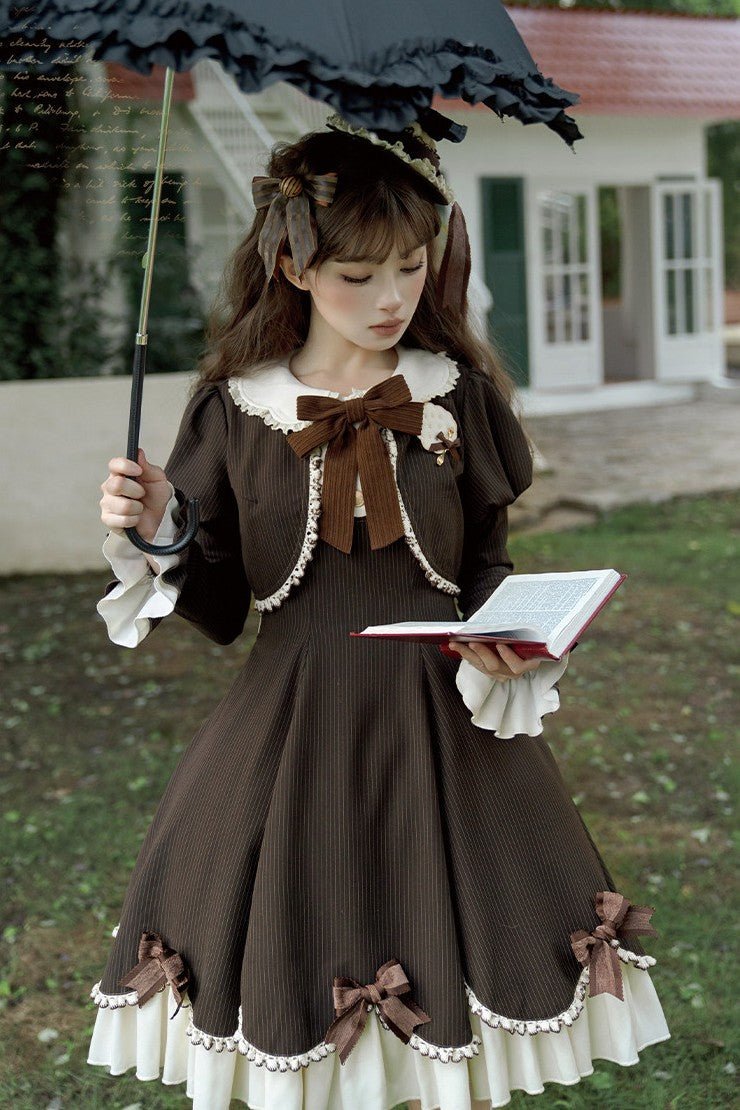 Little Hazelnut Elegant Long Sleeve OP - LolitaEraSet = OP +Hat + BroochBrownSLittle Hazelnut Elegant Long Sleeve OP