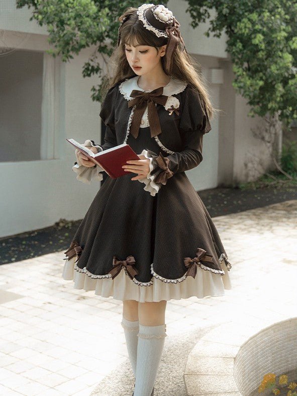 Little Hazelnut Elegant Long Sleeve OP - LolitaEraSet = OP +Hat + BroochBrownSLittle Hazelnut Elegant Long Sleeve OP