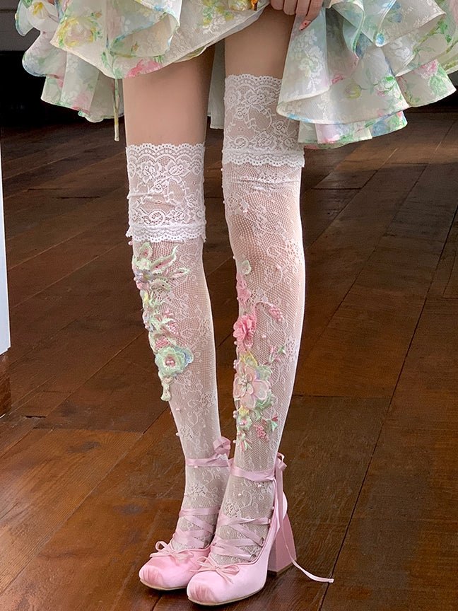 Lolita Ballet Flower Lace Over - Knee Socks - LolitaEraWhiteLolita Ballet Flower Lace Over - Knee Socks
