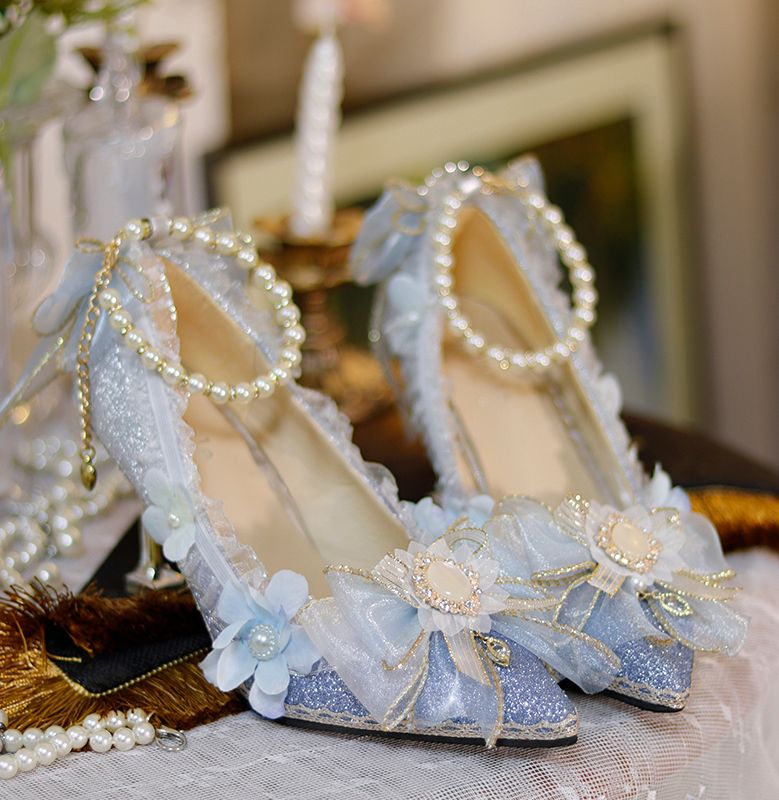 Lolita Blue Floral Stiletto Sandals - LolitaEraLight blue 7cm35Lolita Blue Floral Stiletto Sandals