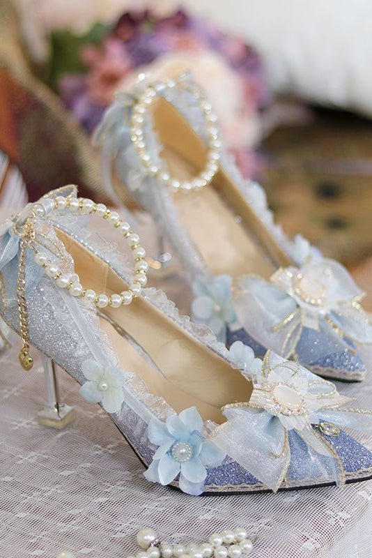Lolita Blue Floral Stiletto Sandals - LolitaEraLight blue 7cm35Lolita Blue Floral Stiletto Sandals