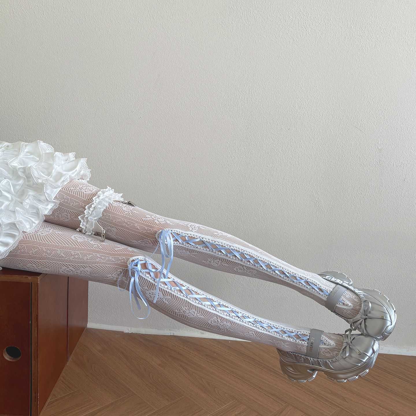 Lolita Blue Lace Ribbon Trim Long Socks - LolitaEraBlueOne sizeLolita Blue Lace Ribbon Trim Long Socks
