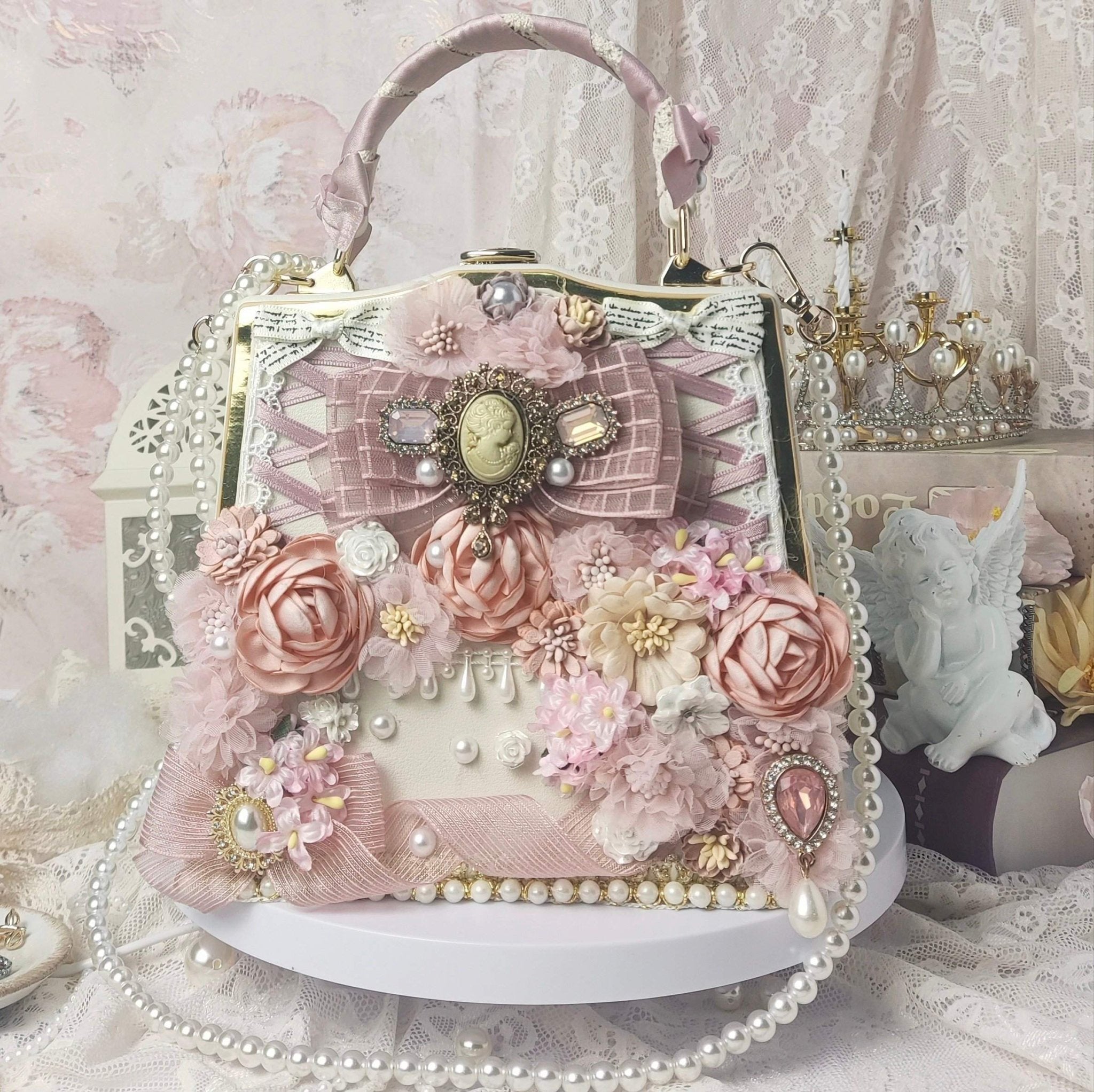 Lolita Bridal Pink Vintage Handmade Handbag - LolitaEraPinkLolita Bridal Pink Vintage Handmade Handbag