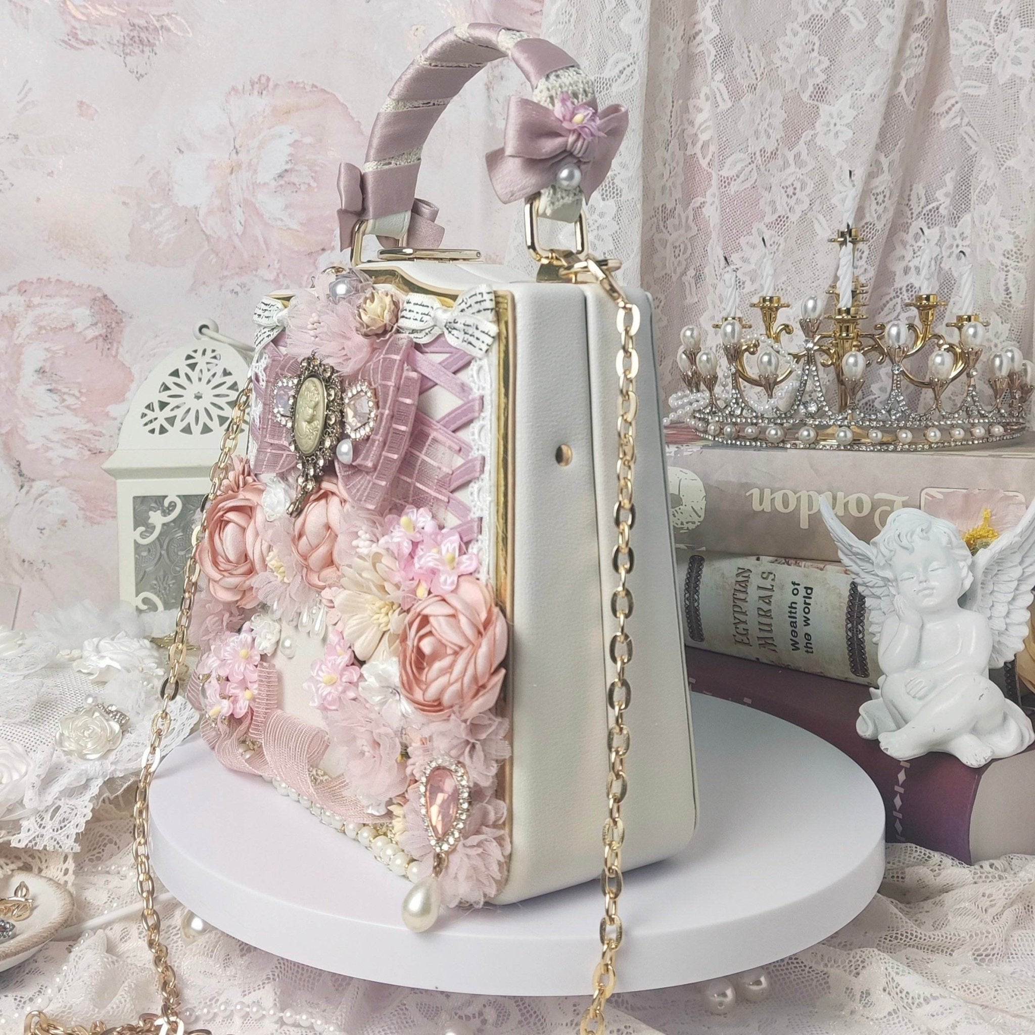 Lolita Bridal Pink Vintage Handmade Handbag - LolitaEraPinkLolita Bridal Pink Vintage Handmade Handbag