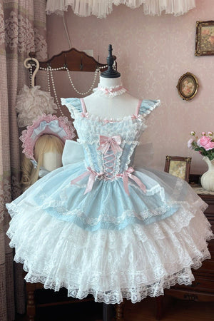 Lolita Elegant 3 - Layer Ruffle Spaghetti Strap Dress 1226 - LolitaEraLight Blue DressSLolita Elegant 3 - Layer Ruffle Spaghetti Strap Dress 1226