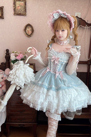 Lolita Elegant 3 - Layer Ruffle Spaghetti Strap Dress 1226 - LolitaEraLight Blue DressSLolita Elegant 3 - Layer Ruffle Spaghetti Strap Dress 1226