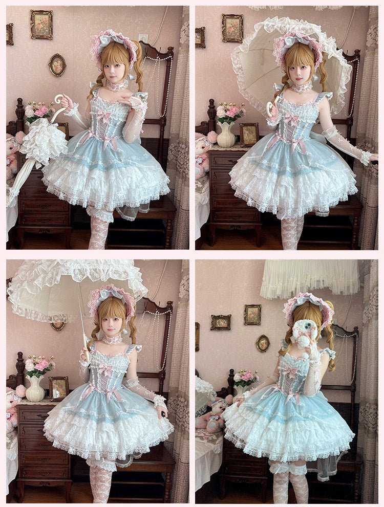 Lolita Elegant 3 - Layer Ruffle Spaghetti Strap Dress 1226 - LolitaEraLight Blue DressSLolita Elegant 3 - Layer Ruffle Spaghetti Strap Dress 1226