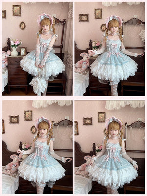 Lolita Elegant 3 - Layer Ruffle Spaghetti Strap Dress - LolitaEraLight Blue DressSLolita Elegant 3 - Layer Ruffle Spaghetti Strap Dress