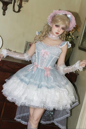 Lolita Elegant 3 - Layer Ruffle Spaghetti Strap Dress - LolitaEraLight Blue DressSLolita Elegant 3 - Layer Ruffle Spaghetti Strap Dress