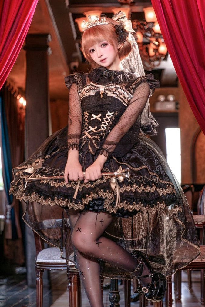 Lolita Elegant Black Gold Dark Style JSK Camisole Dress 1230 - LolitaEraBlack DressSLolita Elegant Black Gold Dark Style JSK Camisole Dress 1230