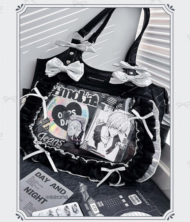 Lolita Elegant Black Ruffle Bow Ita - Bag Handbag - LolitaEraBlack SetLolita Elegant Black Ruffle Bow Ita - Bag Handbag
