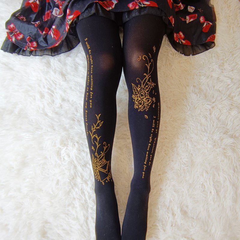 Lolita Elegant Gold Rose Velvet Tights - LolitaEraBlackOne sizeLolita Elegant Gold Rose Velvet Tights