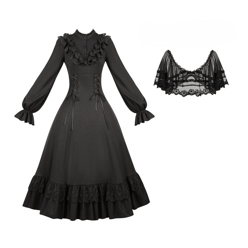 Lolita Elegant Long Sleeve Dress Detachable Cape Set - LolitaEraBlack DressSLolita Elegant Long Sleeve Dress Detachable Cape Set