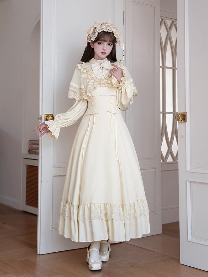 Lolita Elegant Long Sleeve Dress Detachable Cape Set - LolitaEraWhite Dress+Hairband+BroochSLolita Elegant Long Sleeve Dress Detachable Cape Set