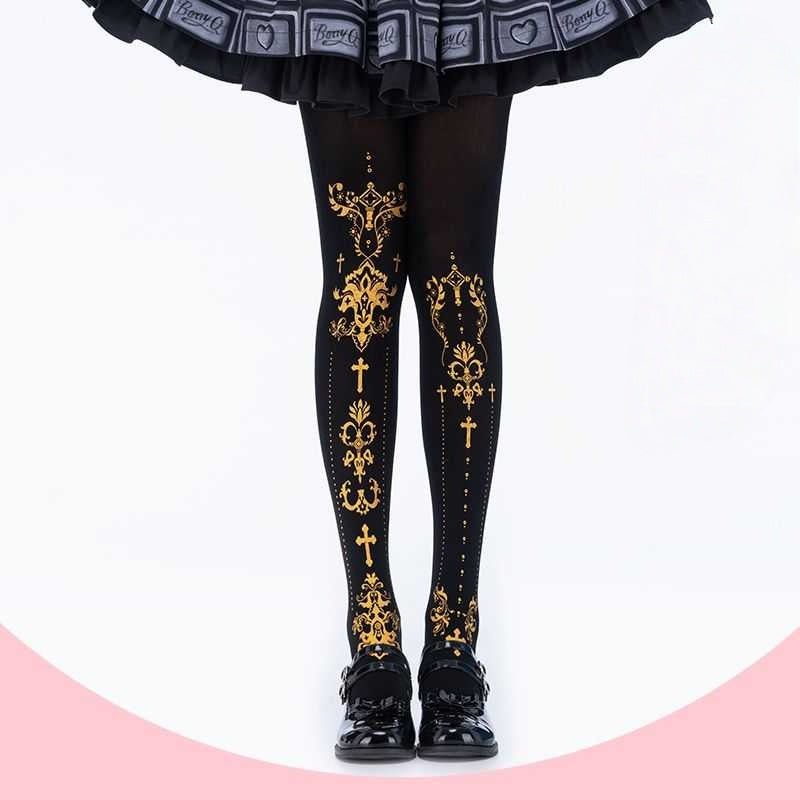 Lolita Gold Foil Cross Print Gothic Tights - LolitaEraBlack goldOne sizeLolita Gold Foil Cross Print Gothic Tights