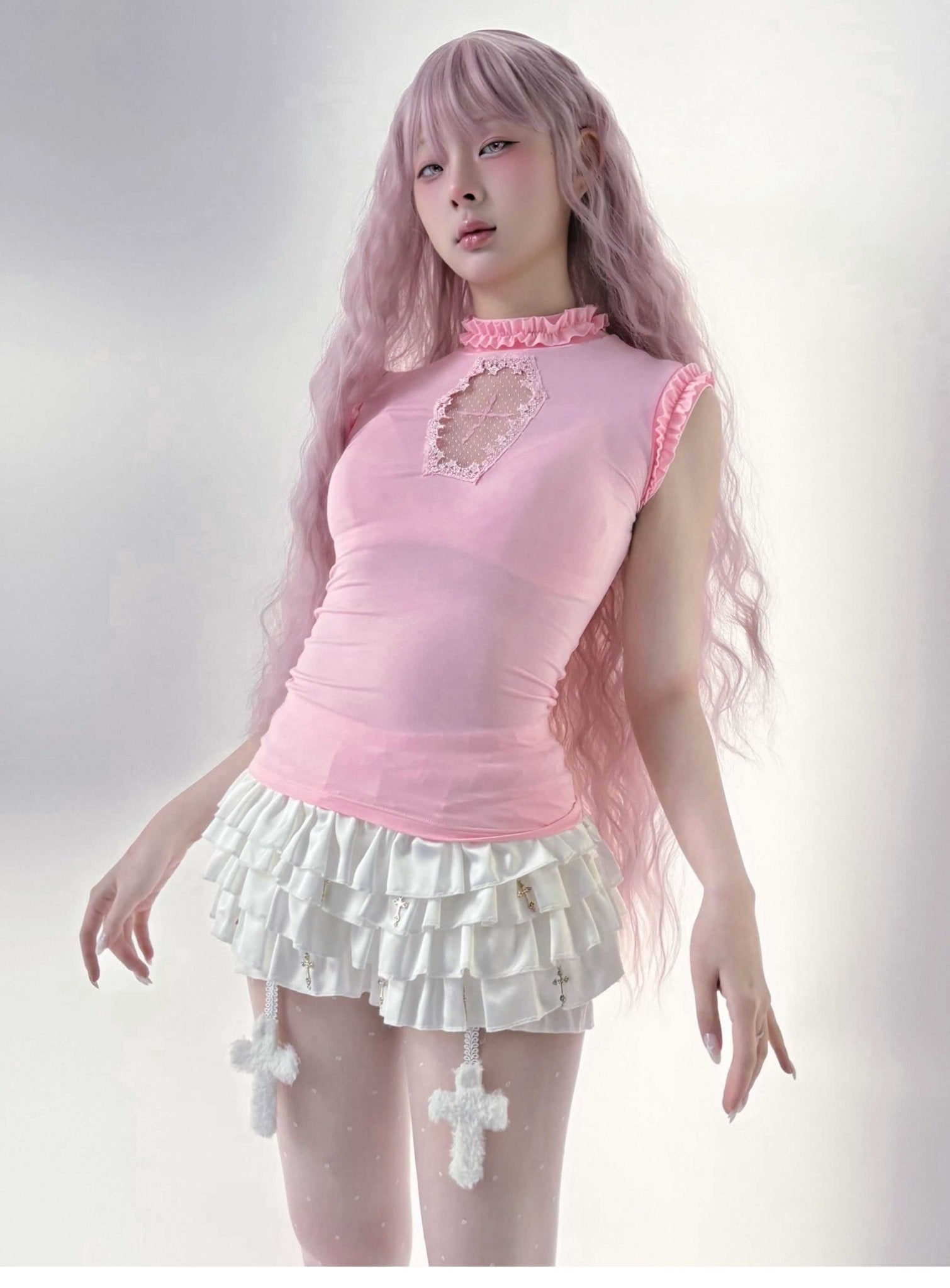 Lolita Gothic Cross Cut Out Tee & Corset Vest Set - LolitaEraPinkOne sizeLolita Gothic Cross Cut Out Tee & Corset Vest Set