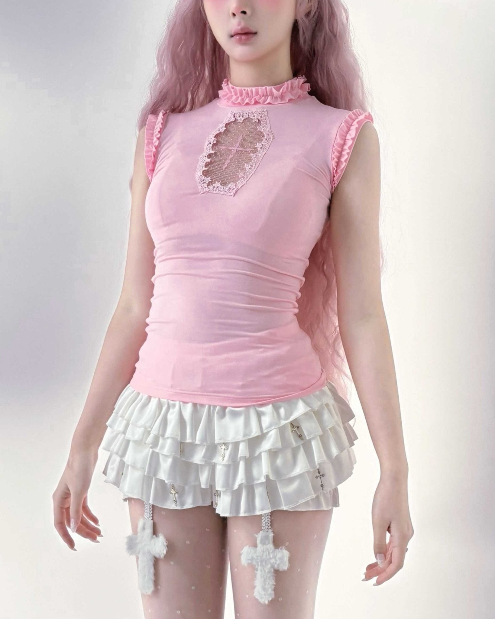 Lolita Gothic Cross Cut Out Tee & Corset Vest Set - LolitaEraPinkOne sizeLolita Gothic Cross Cut Out Tee & Corset Vest Set