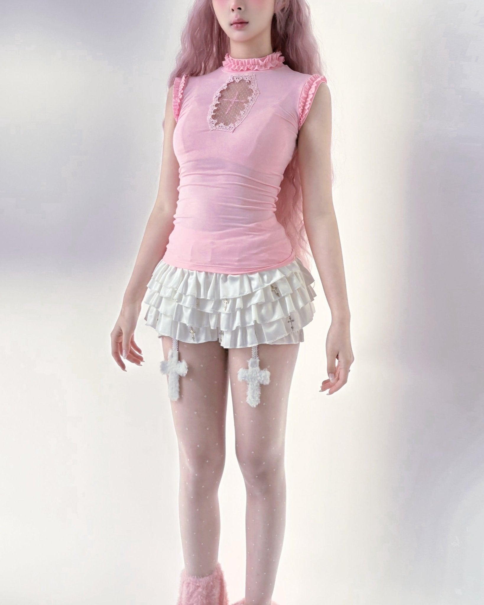 Lolita Gothic Cross Cut Out Tee & Corset Vest Set - LolitaEraPinkOne sizeLolita Gothic Cross Cut Out Tee & Corset Vest Set