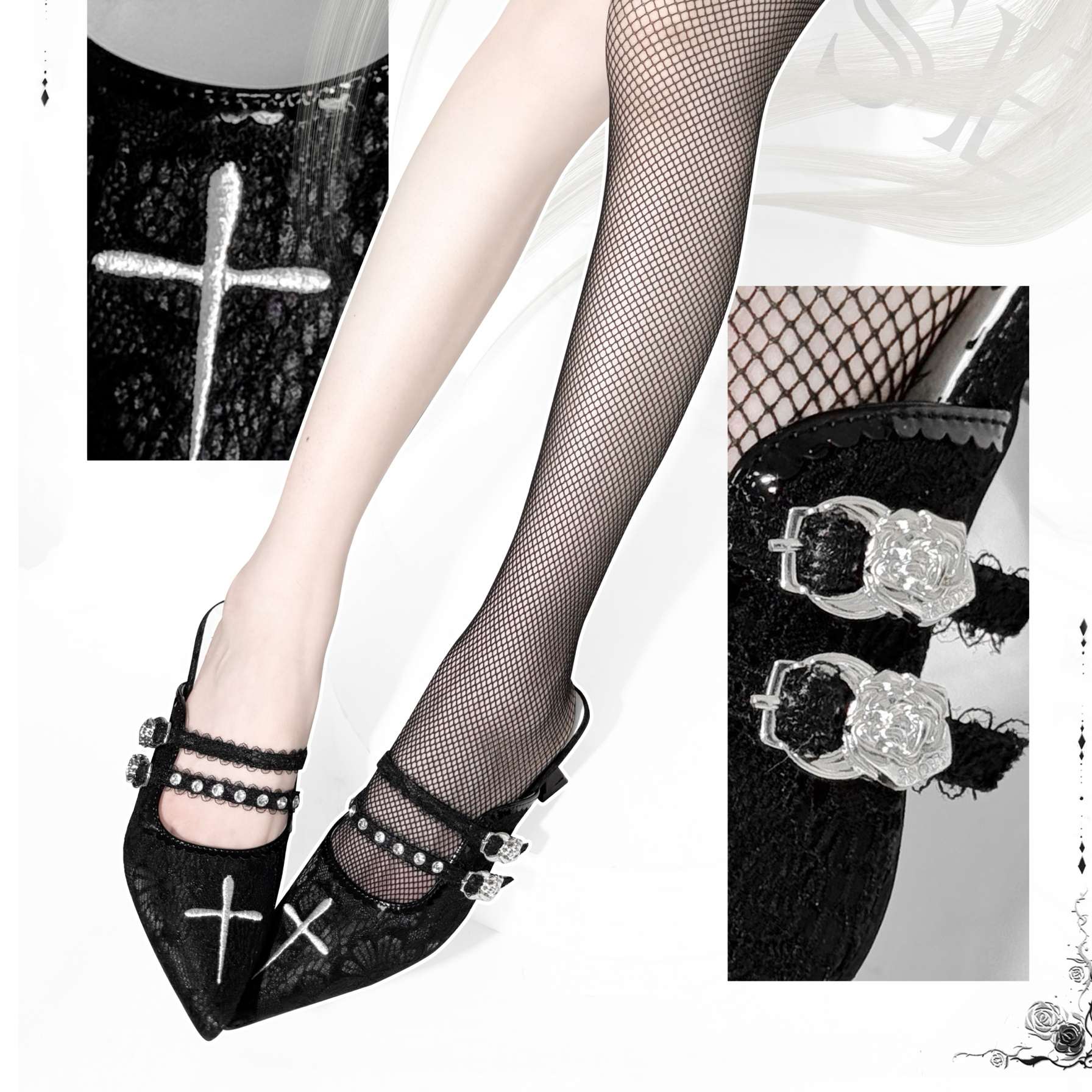 Lolita Gothic Cross Motif Pointed Toe Shoes - LolitaEraBlack35Lolita Gothic Cross Motif Pointed Toe Shoes