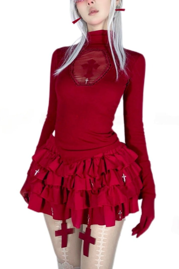 Lolita Gothic Cross Motif Turtleneck Red Blouse - LolitaEraTopLolita Gothic Cross Motif Turtleneck Red Blouse