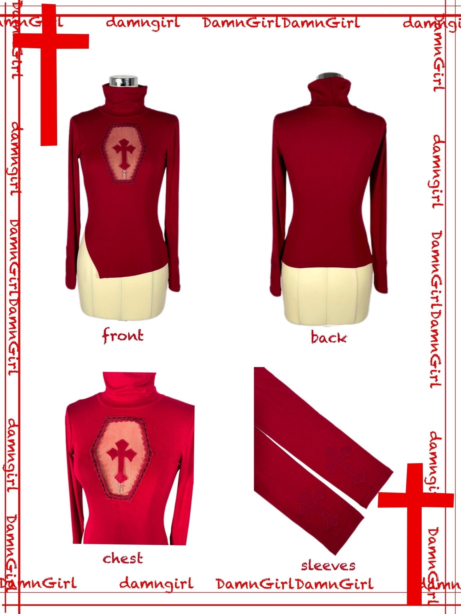 Lolita Gothic Cross Motif Turtleneck Red Blouse - LolitaEraTopLolita Gothic Cross Motif Turtleneck Red Blouse