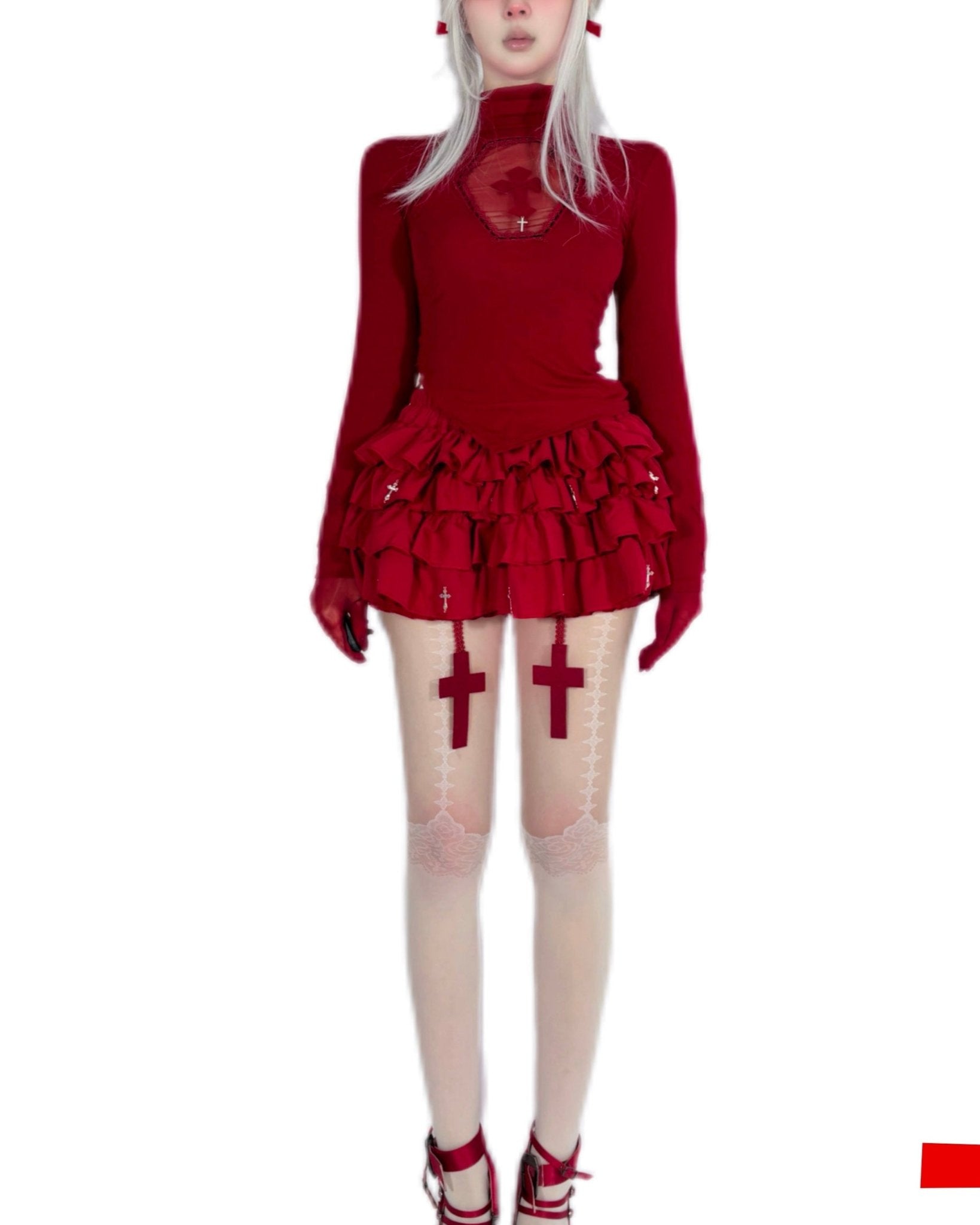 Lolita Gothic Cross Motif Turtleneck Red Blouse - LolitaEraTopLolita Gothic Cross Motif Turtleneck Red Blouse