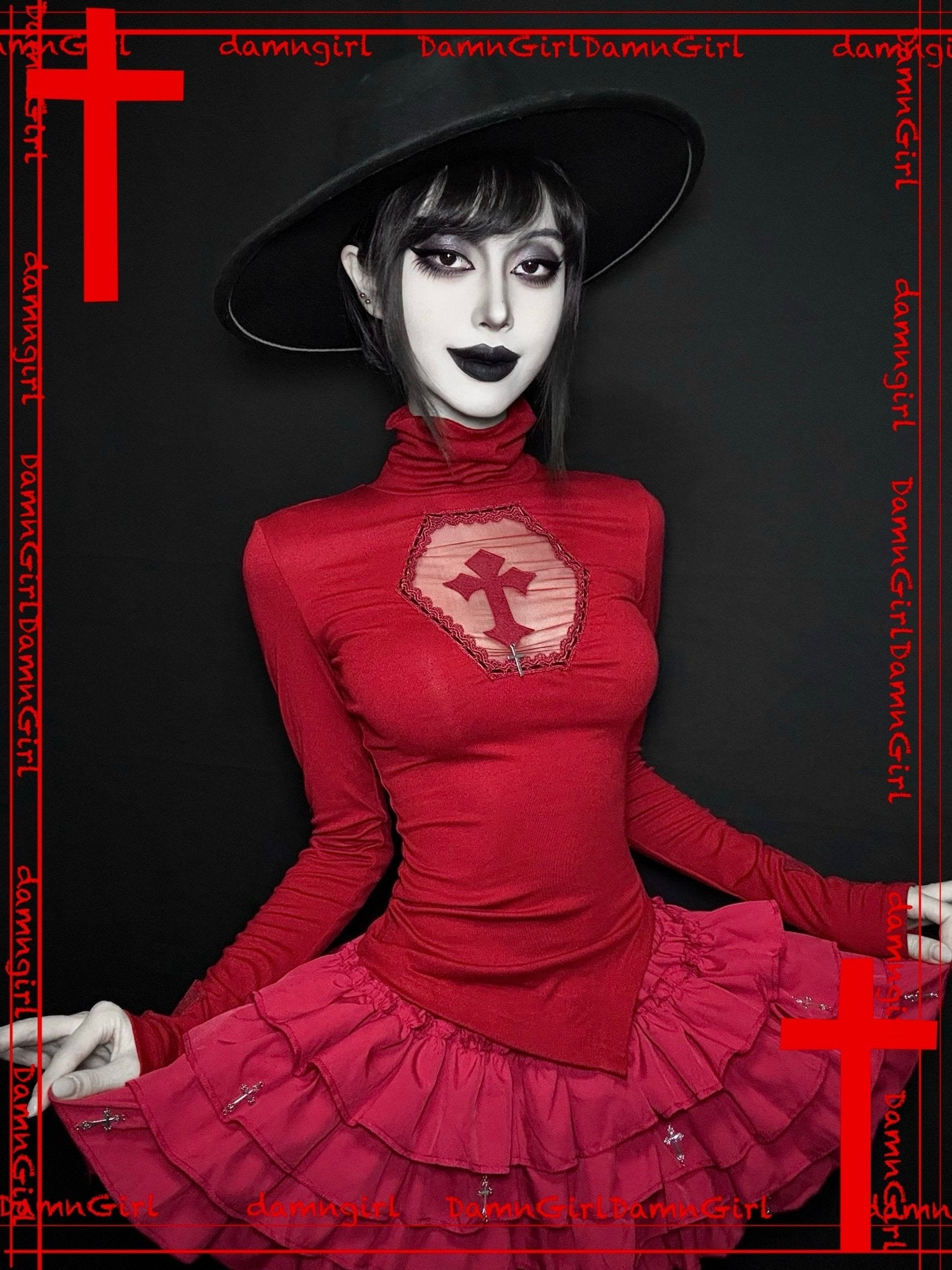 Lolita Gothic Cross Motif Turtleneck Red Blouse - LolitaEraSleevesLolita Gothic Cross Motif Turtleneck Red Blouse