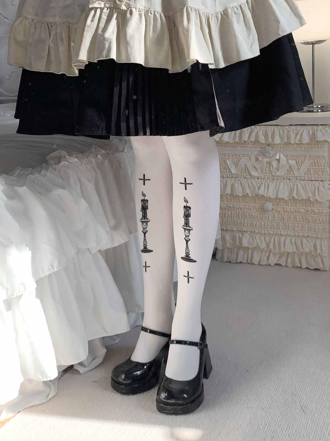 Lolita Gothic Punk 80D Velvet Print Tights - LolitaEraWhiteOne sizeLolita Gothic Punk 80D Velvet Print Tights