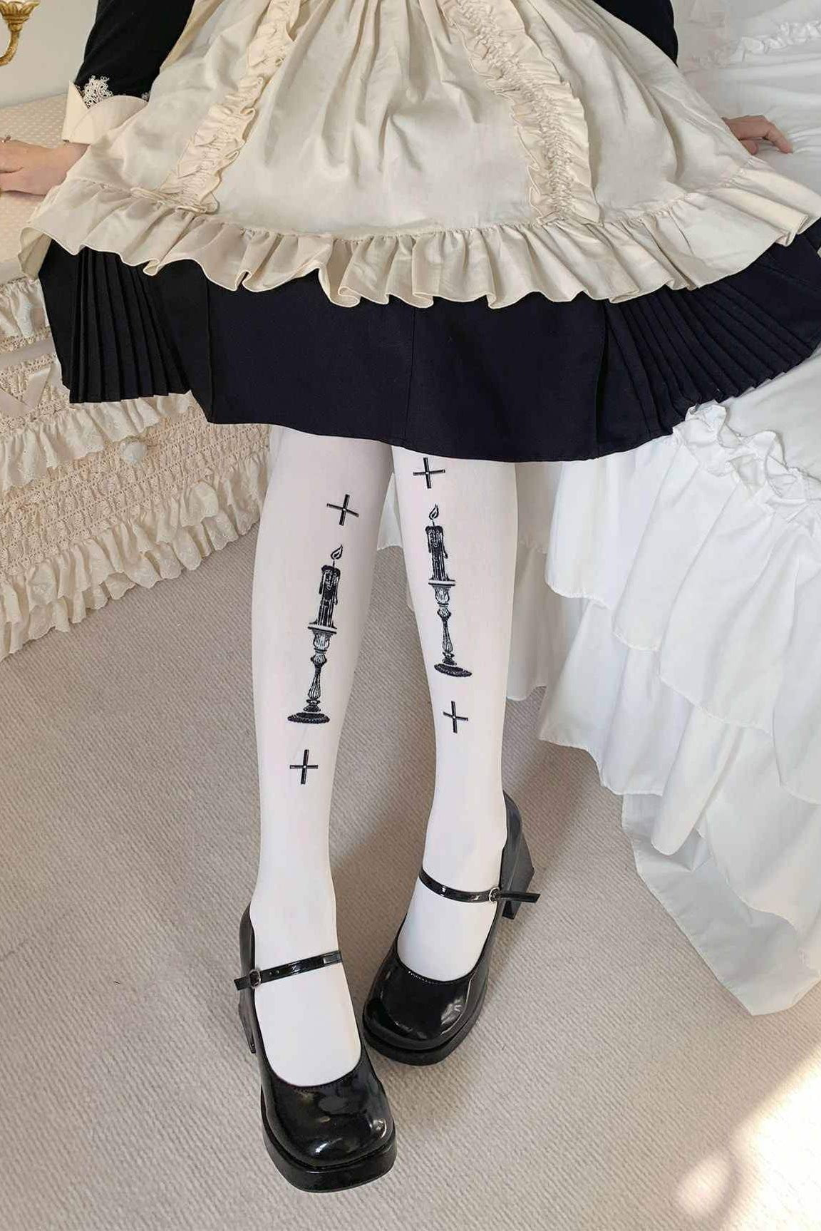 Lolita Gothic Punk 80D Velvet Print Tights - LolitaEra