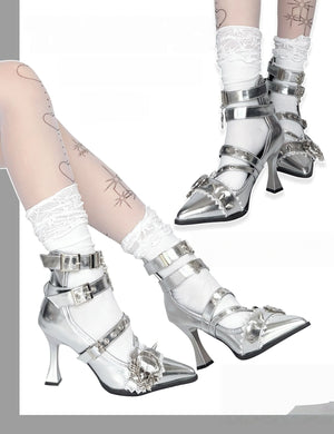 Lolita Gothic strappy Mid heels - LolitaEraSilver36Lolita Gothic strappy Mid heels