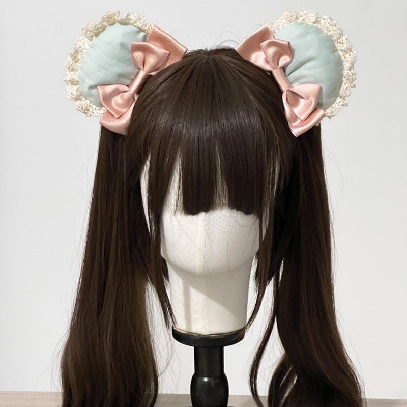 Lolita Kawaii Bear Pink & Green Hair Clip KC Bonnet - LolitaEraPink KC (Headbow)Lolita Kawaii Bear Pink & Green Hair Clip KC Bonnet