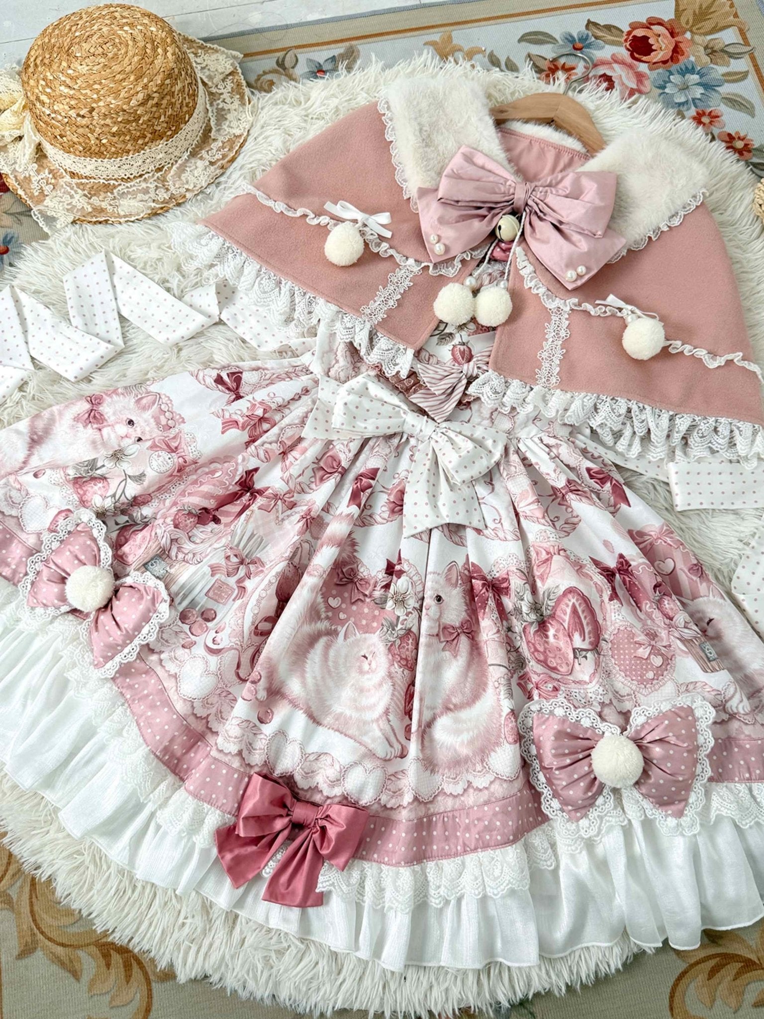 Lolita Kawaii Cat Motif Plush JSK Cape Winter Set - LolitaEraPink DressSLolita Kawaii Cat Motif Plush JSK Cape Winter Set
