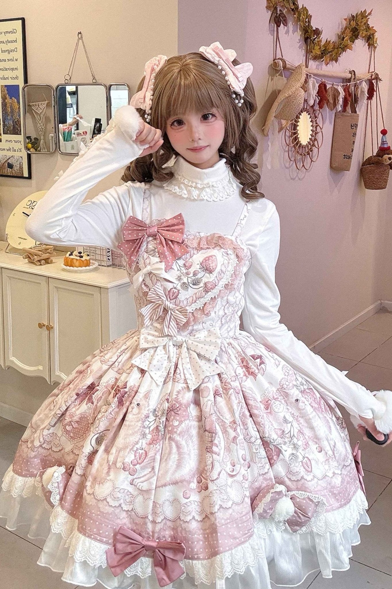 Lolita Kawaii Cat Motif Plush JSK Cape Winter Set - LolitaEraPink DressSLolita Kawaii Cat Motif Plush JSK Cape Winter Set