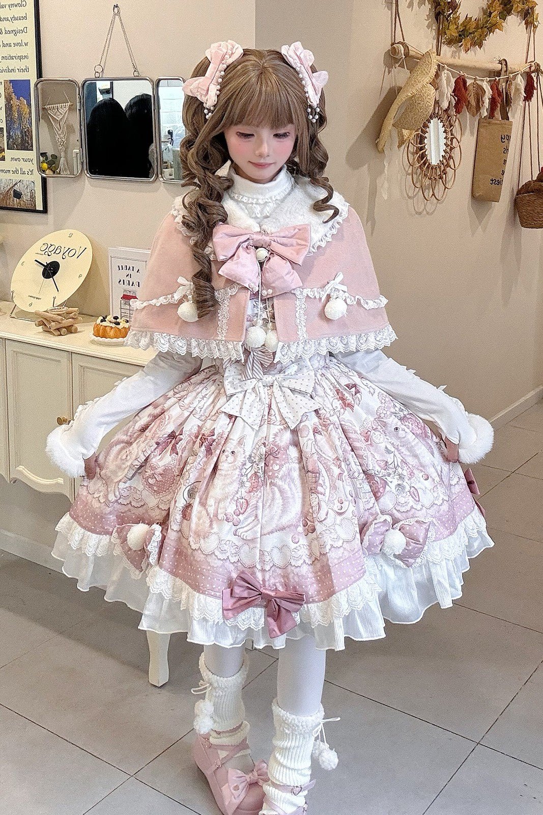 Lolita Kawaii Cat Motif Plush JSK Cape Winter Set - LolitaEraPink DressSLolita Kawaii Cat Motif Plush JSK Cape Winter Set