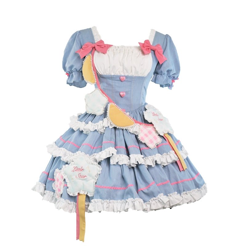 Lolita Kawaii Pink and Blue Ruffle Sleeve OP Dress - LolitaEraBlueSLolita Kawaii Pink and Blue Ruffle Sleeve OP Dress