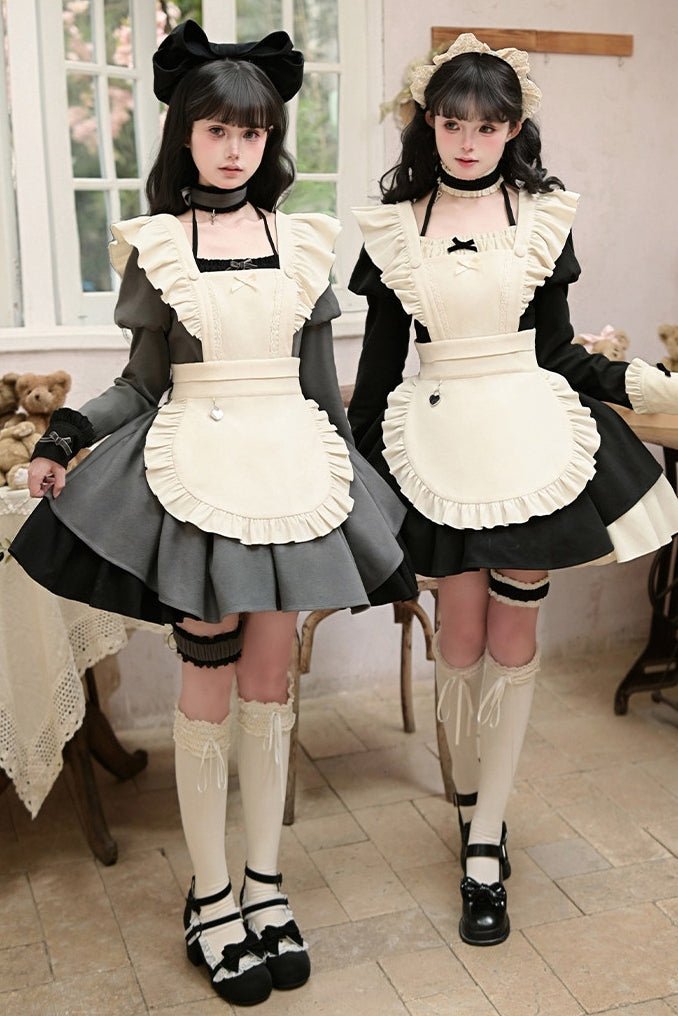Lolita Modified Square Neck Ruffled Maid Dress LE1189 - LolitaEraFive - piece black setSLolita Modified Square Neck Ruffled Maid Dress LE1189