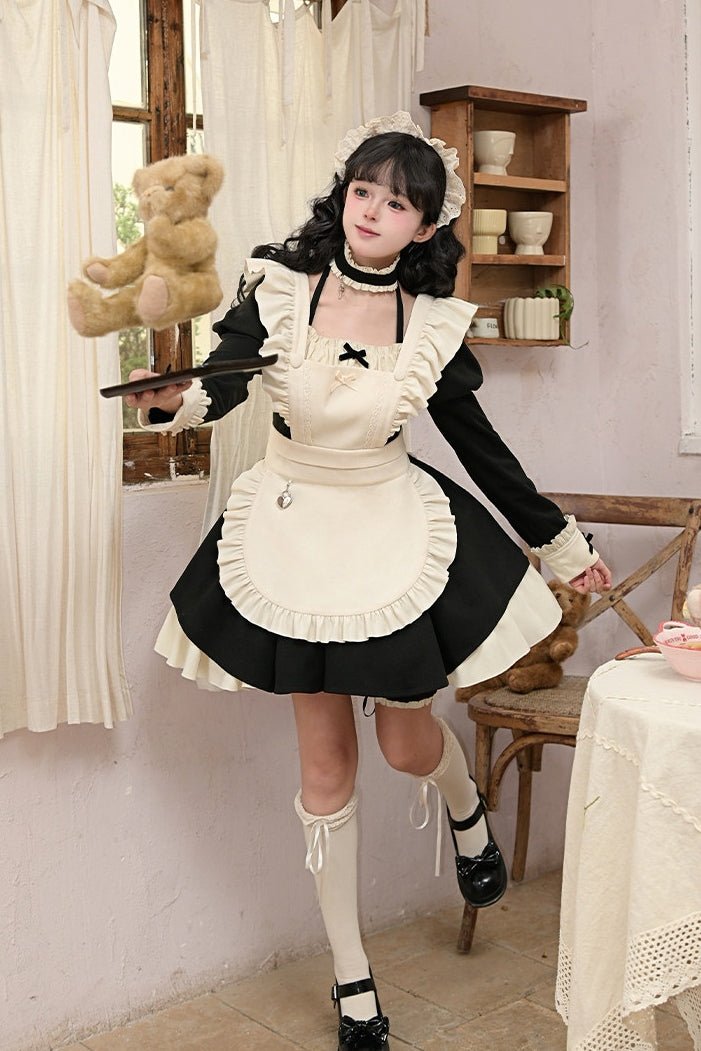 Lolita Modified Square Neck Ruffled Maid Dress LE1189 - LolitaEraFive - piece black setSLolita Modified Square Neck Ruffled Maid Dress LE1189