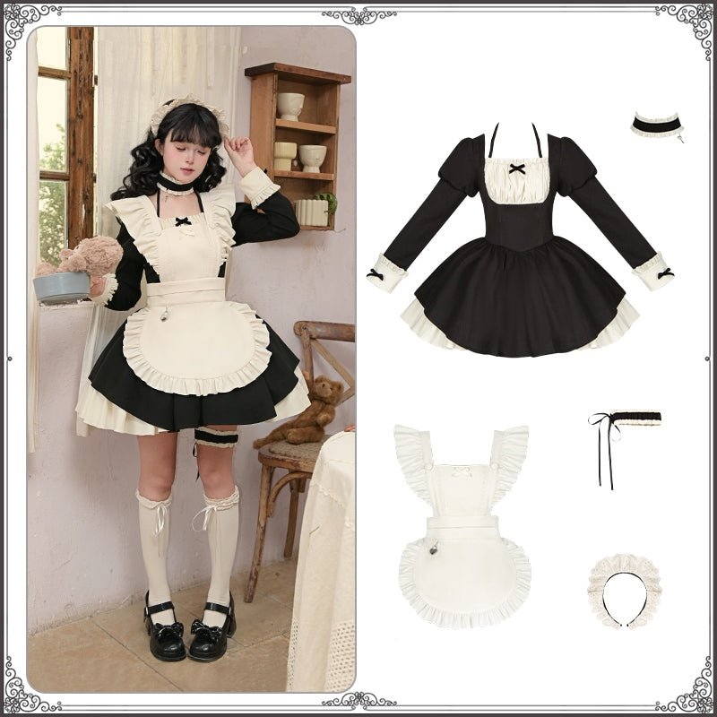 Lolita Modified Square Neck Ruffled Maid Dress LE1189 - LolitaEraFive - piece black setSLolita Modified Square Neck Ruffled Maid Dress LE1189