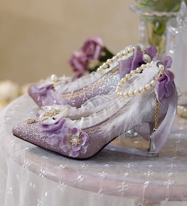 Lolita Pointed Toe Glitter Purple Middle Heels - LolitaEraPurple 7cm35Lolita Pointed Toe Glitter Purple Middle Heels