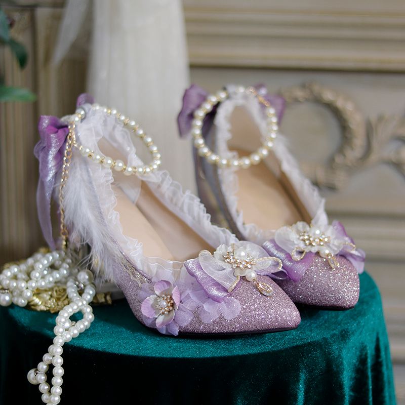 Lolita Pointed Toe Glitter Purple Middle Heels - LolitaEraPurple 7cm35Lolita Pointed Toe Glitter Purple Middle Heels