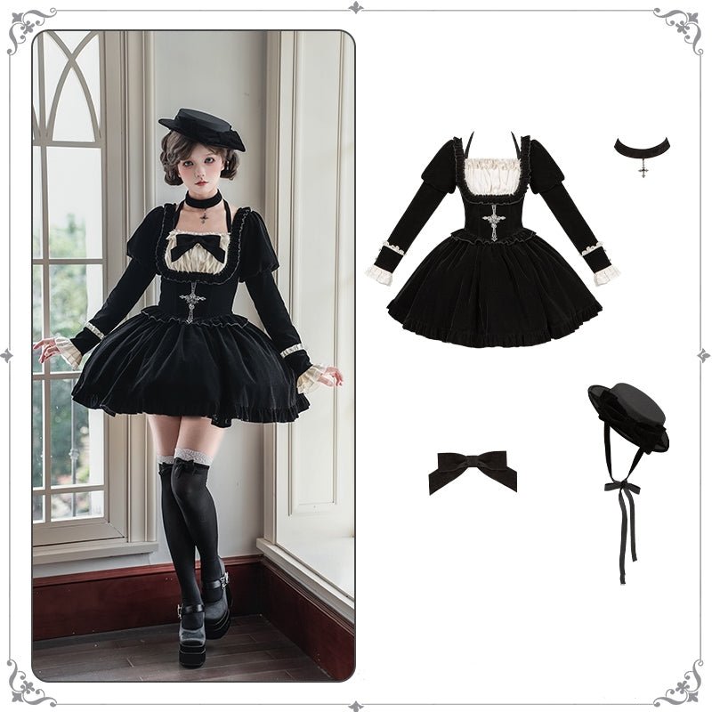 Lolita Square Neck Boned Waist Velvet OP Dress LE1190 - LolitaEraFour - piece short OP setSLolita Square Neck Boned Waist Velvet OP Dress LE1190