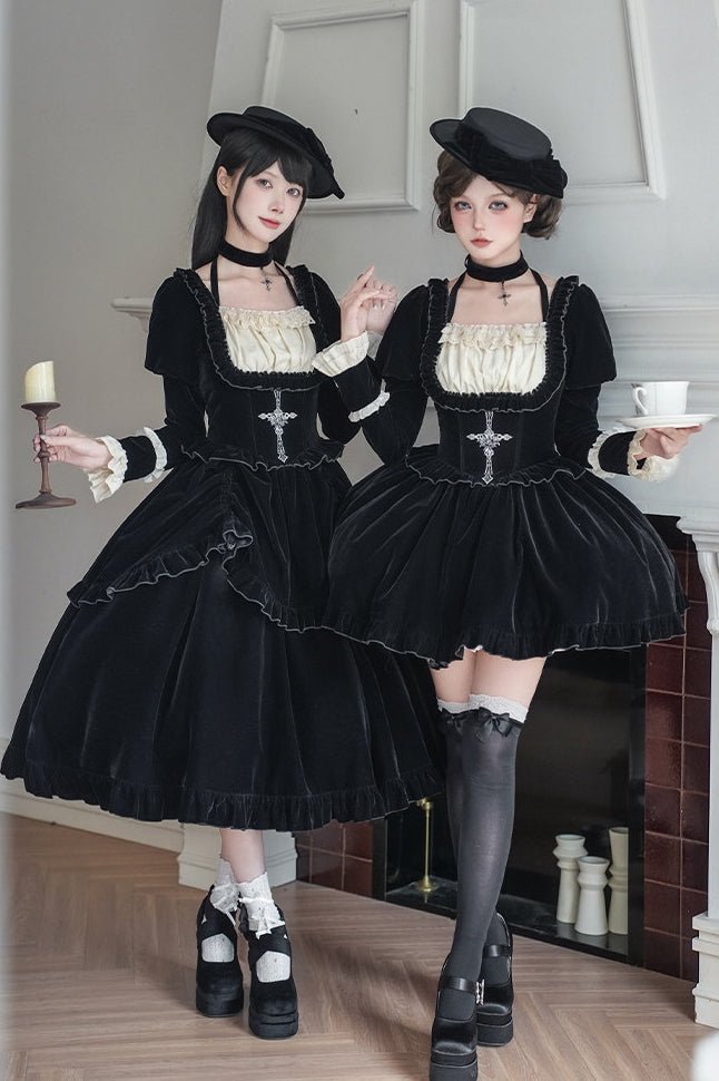 Lolita Square Neck Boned Waist Velvet OP Dress LE1190 - LolitaEraFour - piece short OP setSLolita Square Neck Boned Waist Velvet OP Dress LE1190