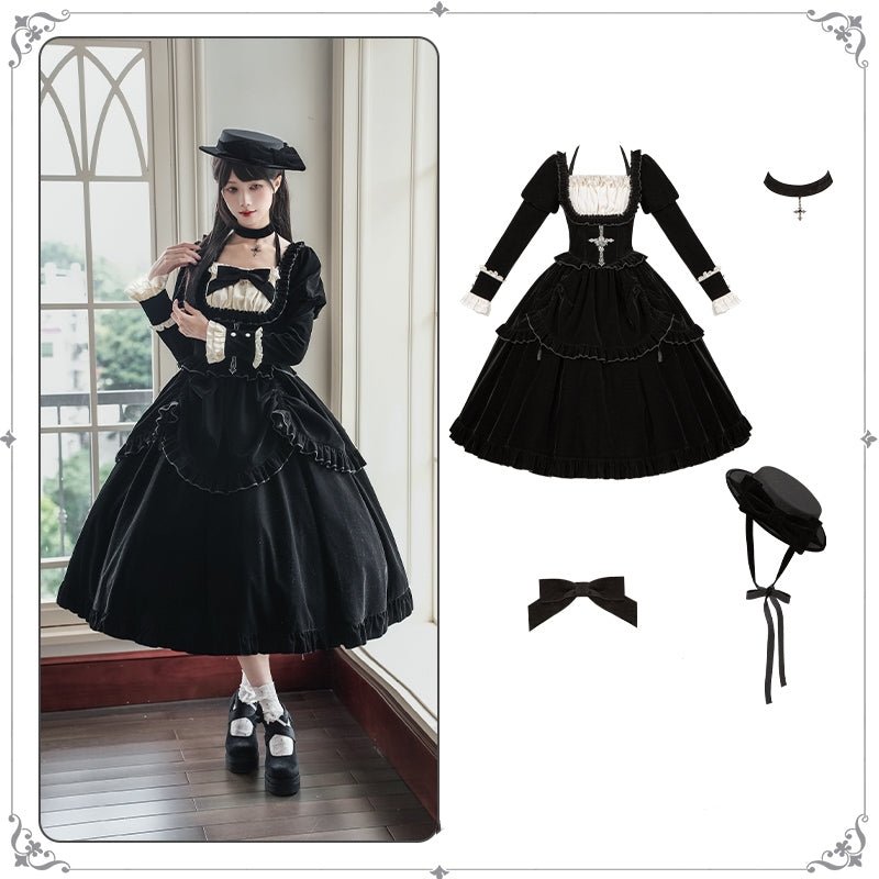 Lolita Square Neck Boned Waist Velvet OP Dress LE1190 - LolitaEraFour - piece long OP setSLolita Square Neck Boned Waist Velvet OP Dress LE1190